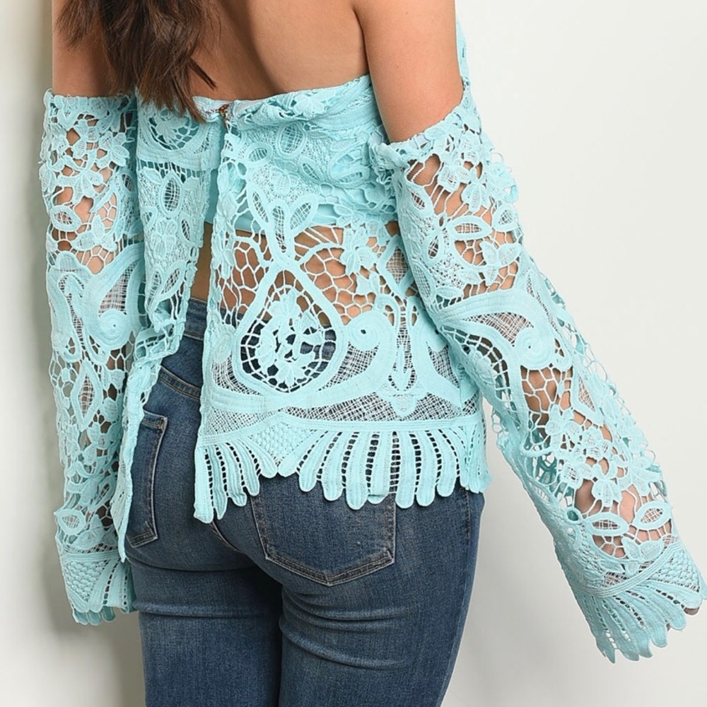 LIGHT BLUE OFF THE SHOULDERS CROCHET DETAILED TOP - Picture 2 of 8